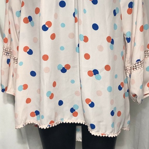 Copper Key Top Womens Sz M Pink Polka Dot Hi-Lo Lace Trim 3/4 Sleeve Blouse - Picture 9 of 12